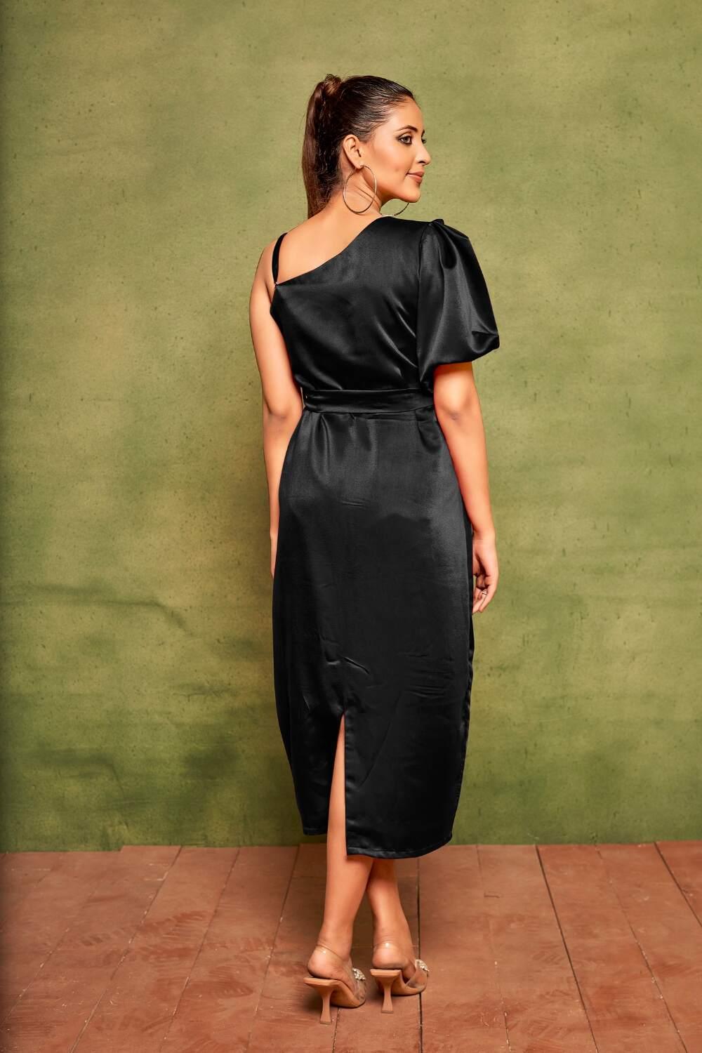 Black Elegant Velvet Satin One-Shoulder Midi Dress Back Side Look