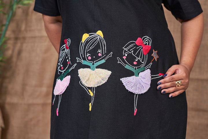 Black Plus Size A-line Dress With Embroidery Work