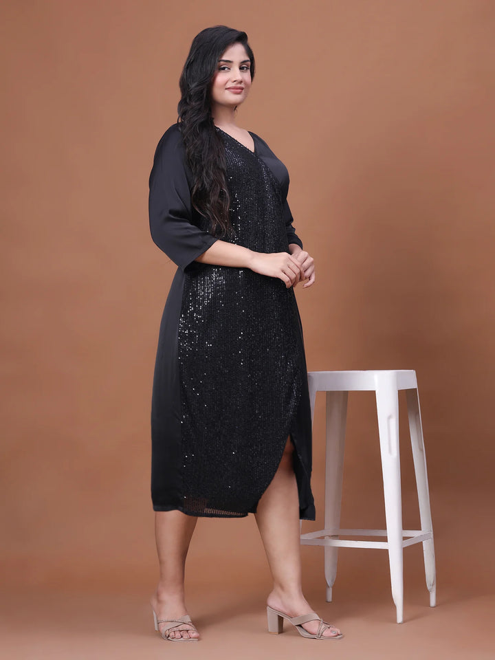 Black Sequin Velvet Satin Overlap Party Dress