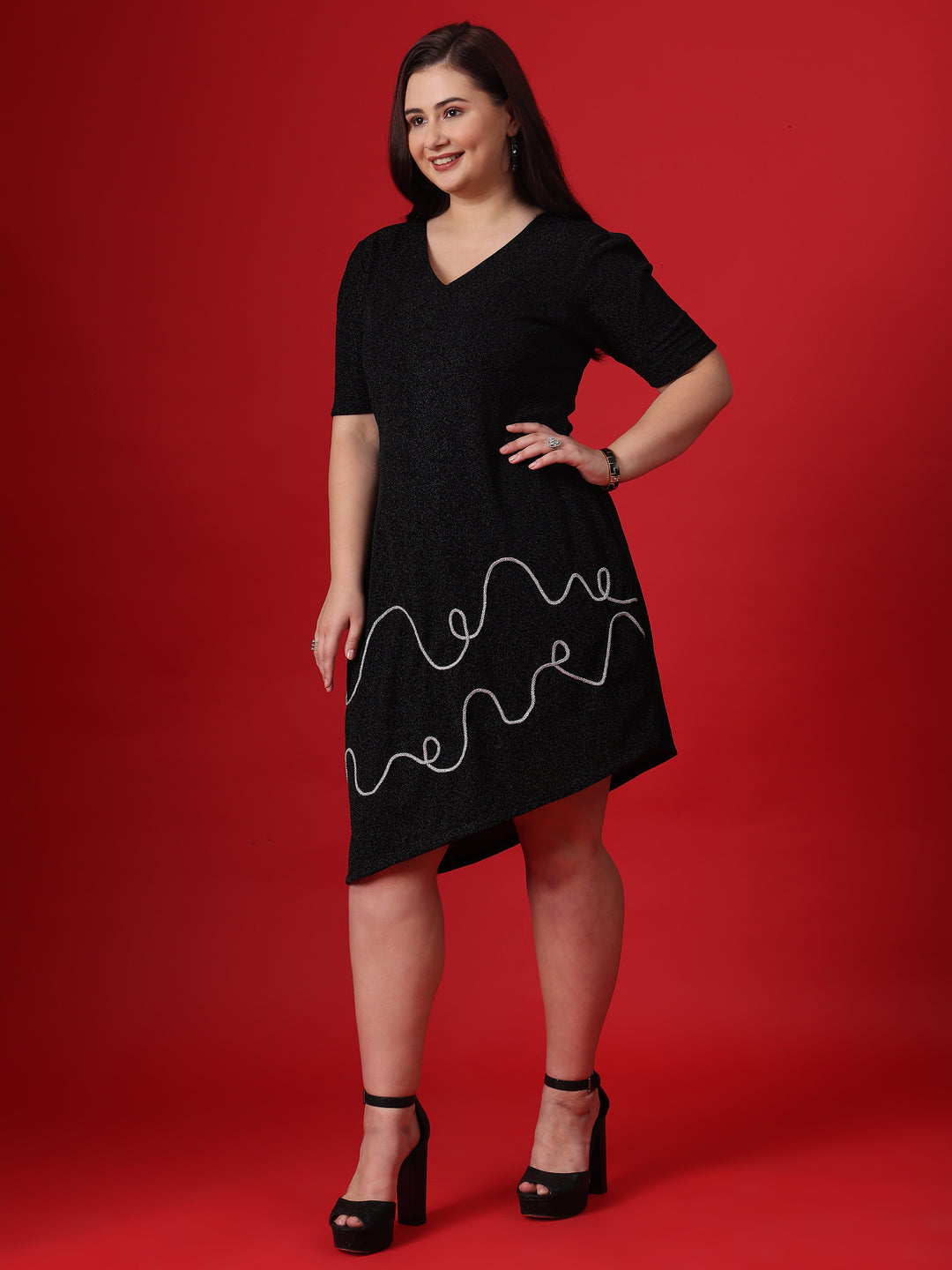 Black Shimmer Dori Work V-Neck Party Dress With Close up