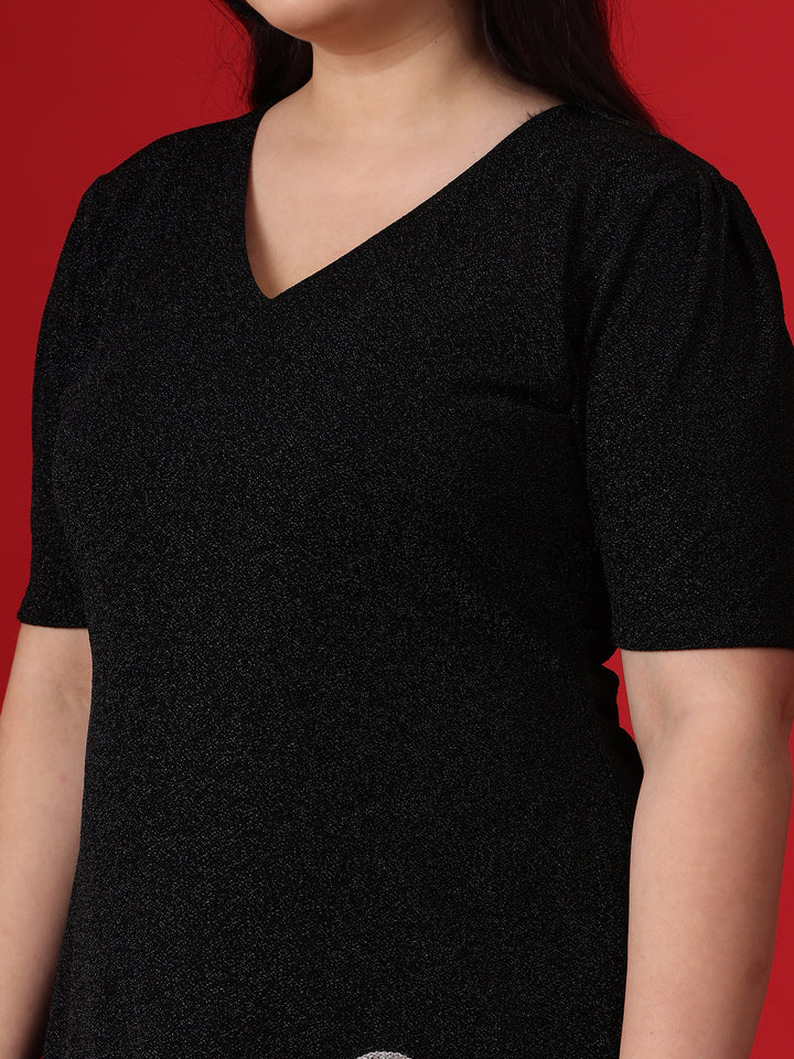 Black Shimmer Dori Work V-Neck Party Dress With Close up look
