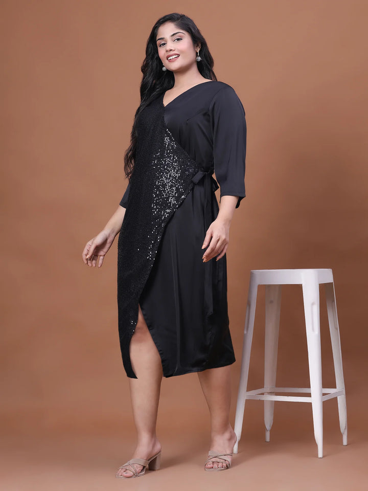 Black Short Sequin Velvet Satin Overlap Party Dress