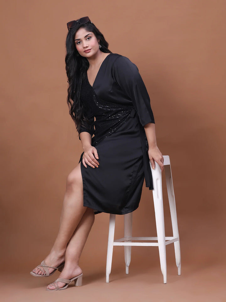 Black Short Sequin Velvet Satin Overlap Party Dress With V Neck Style