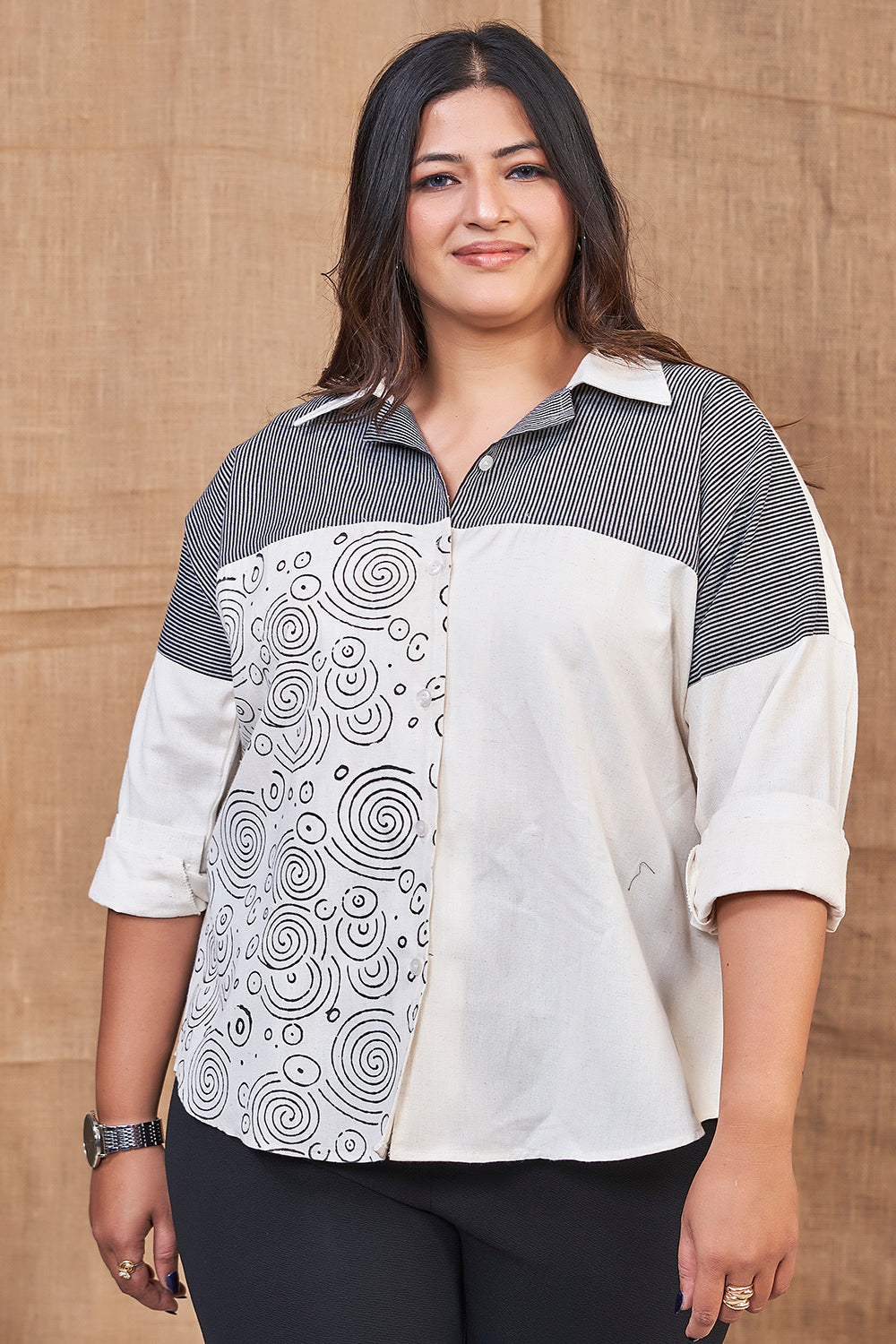 Black and white printed cotton shirts for women