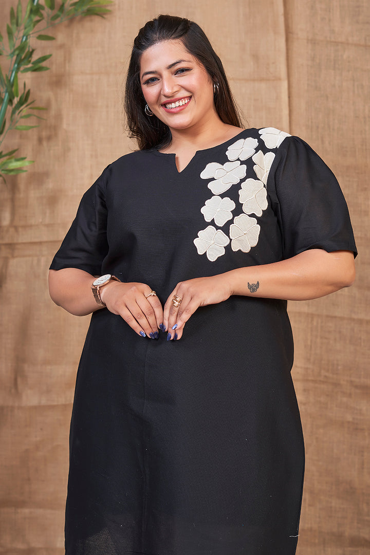 Black casual cotton dress with flowers embroidery work