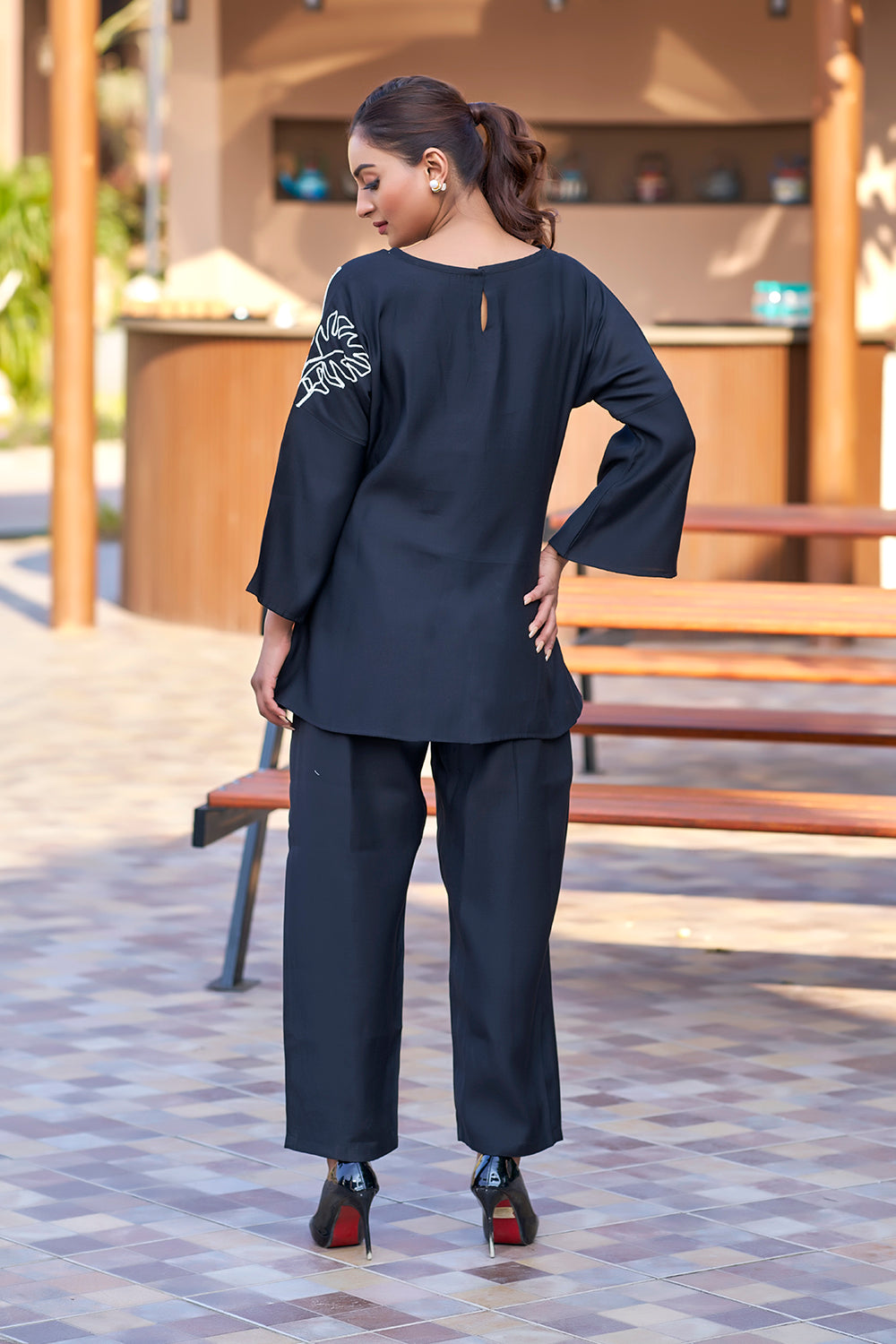 Black designer resort wear co-ord set for plus size women backside