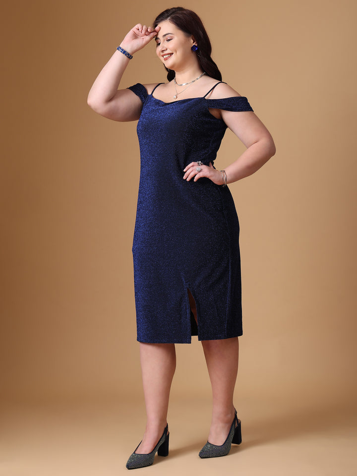 Blue Bodycon Spaghetti Neck Dress With Velvet fabric