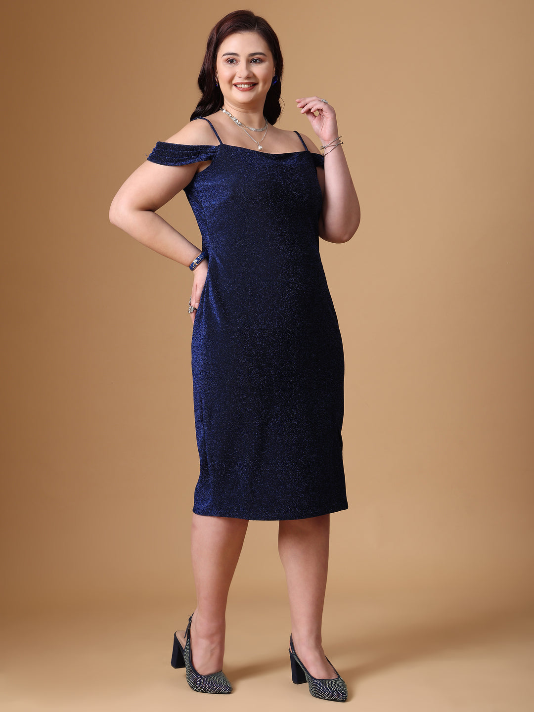 Blue Bodycon Spaghetti Neck Dress With Velvet silk fabric