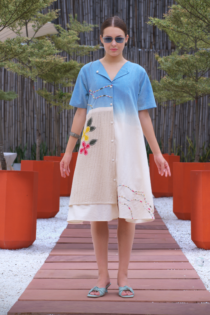 Blue And ivory Western Dress For Ladies