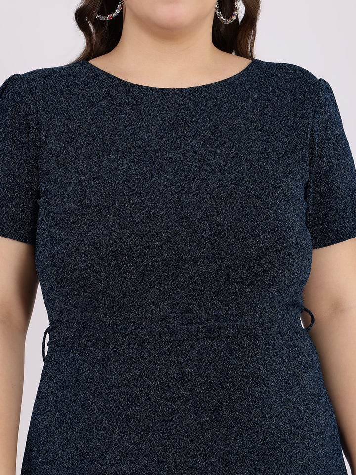 Blue Lycra A-Line Party Dress Close Up