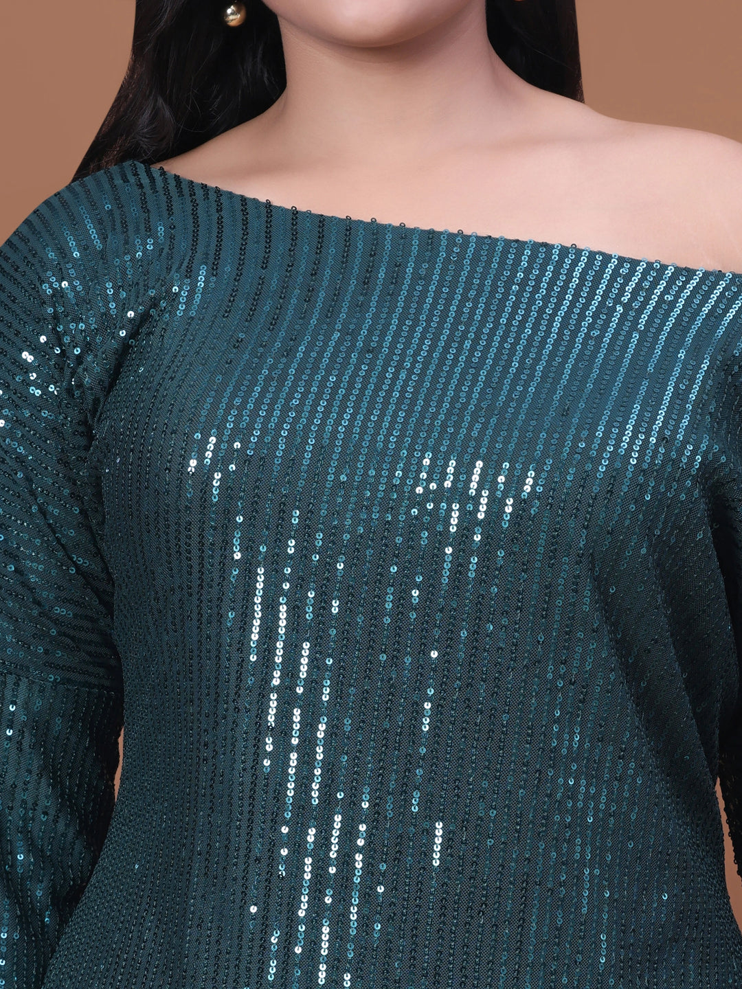 Bottle Green Off Shoulder sequin dress for women