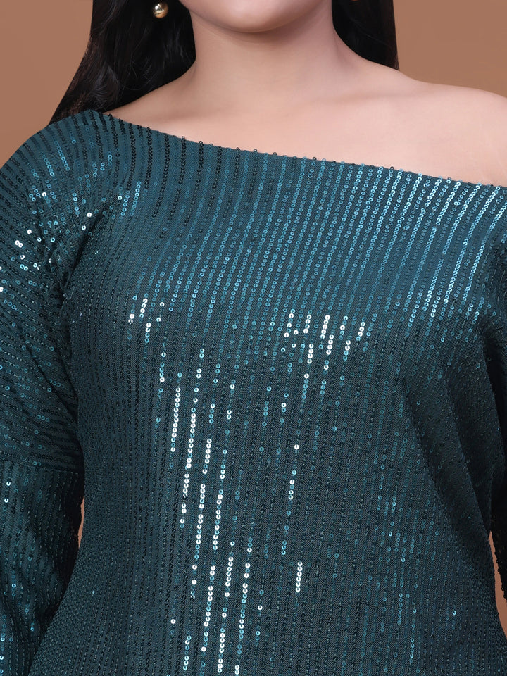 Bottle Green Off Shoulder sequin dress for women