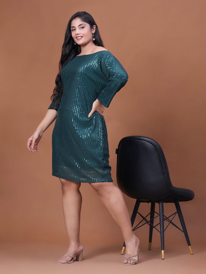 Bottle Green Stretchable off-shoulder dress for curvy women