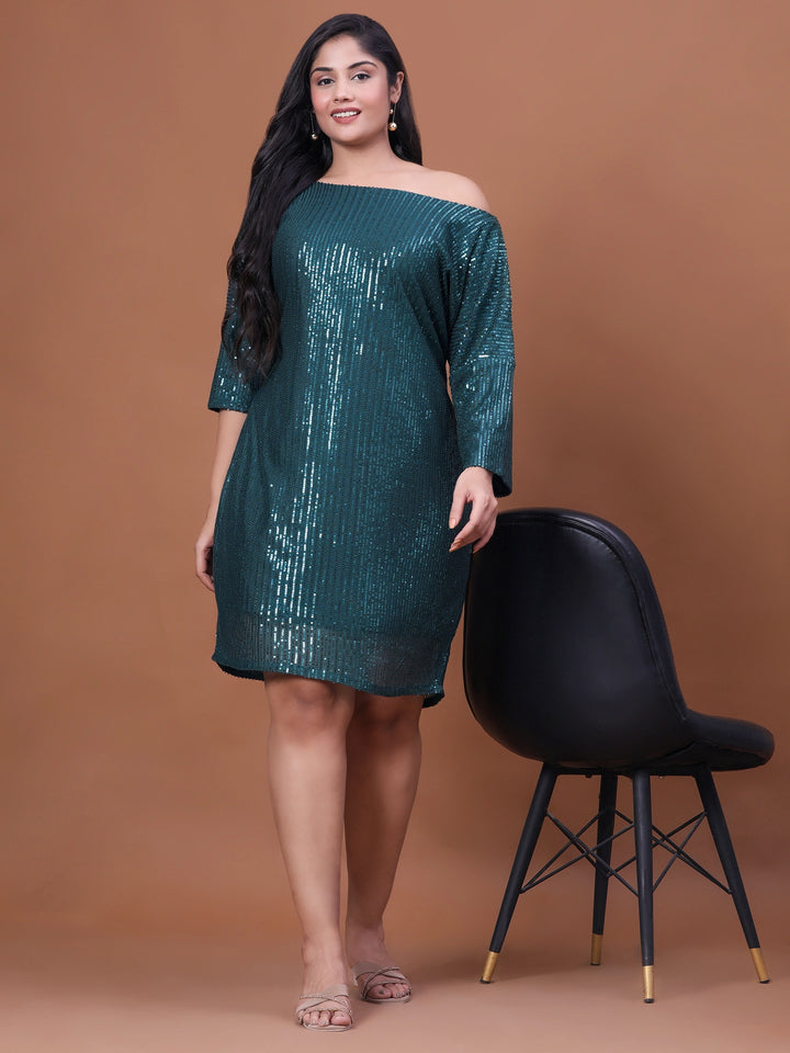 Bottle green off shoulder dress with sequins