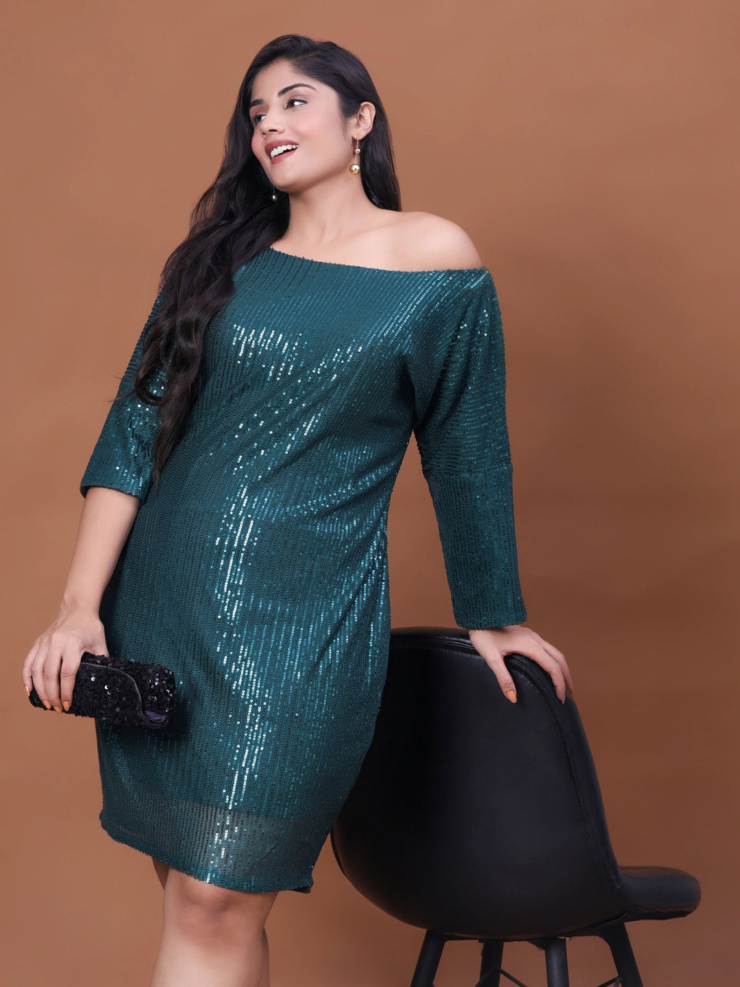 Bottle green party wear dress for plus size women