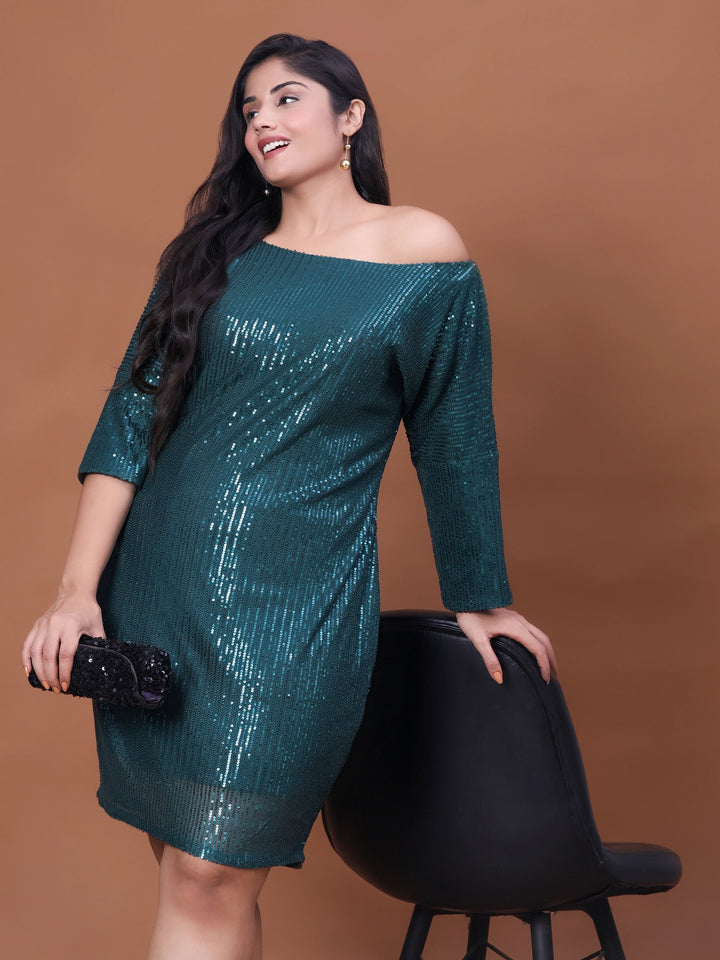 Bottle green party wear dress for plus size women