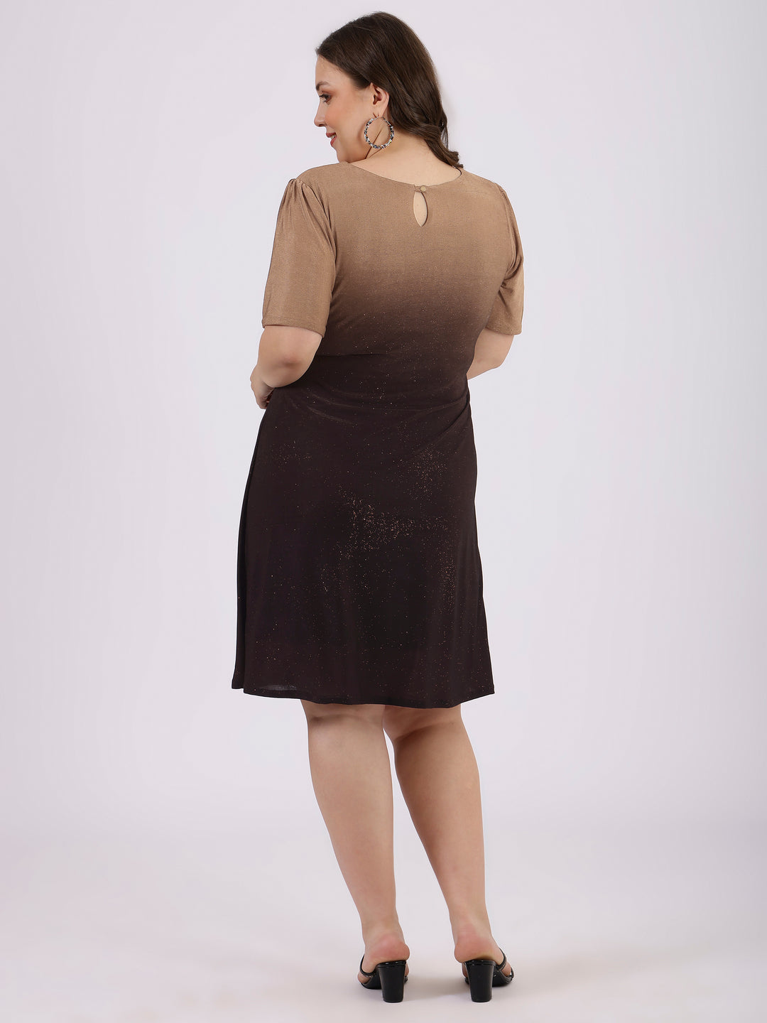 Brown Round Neck Knee-Length Party Dress For Women Back  Side