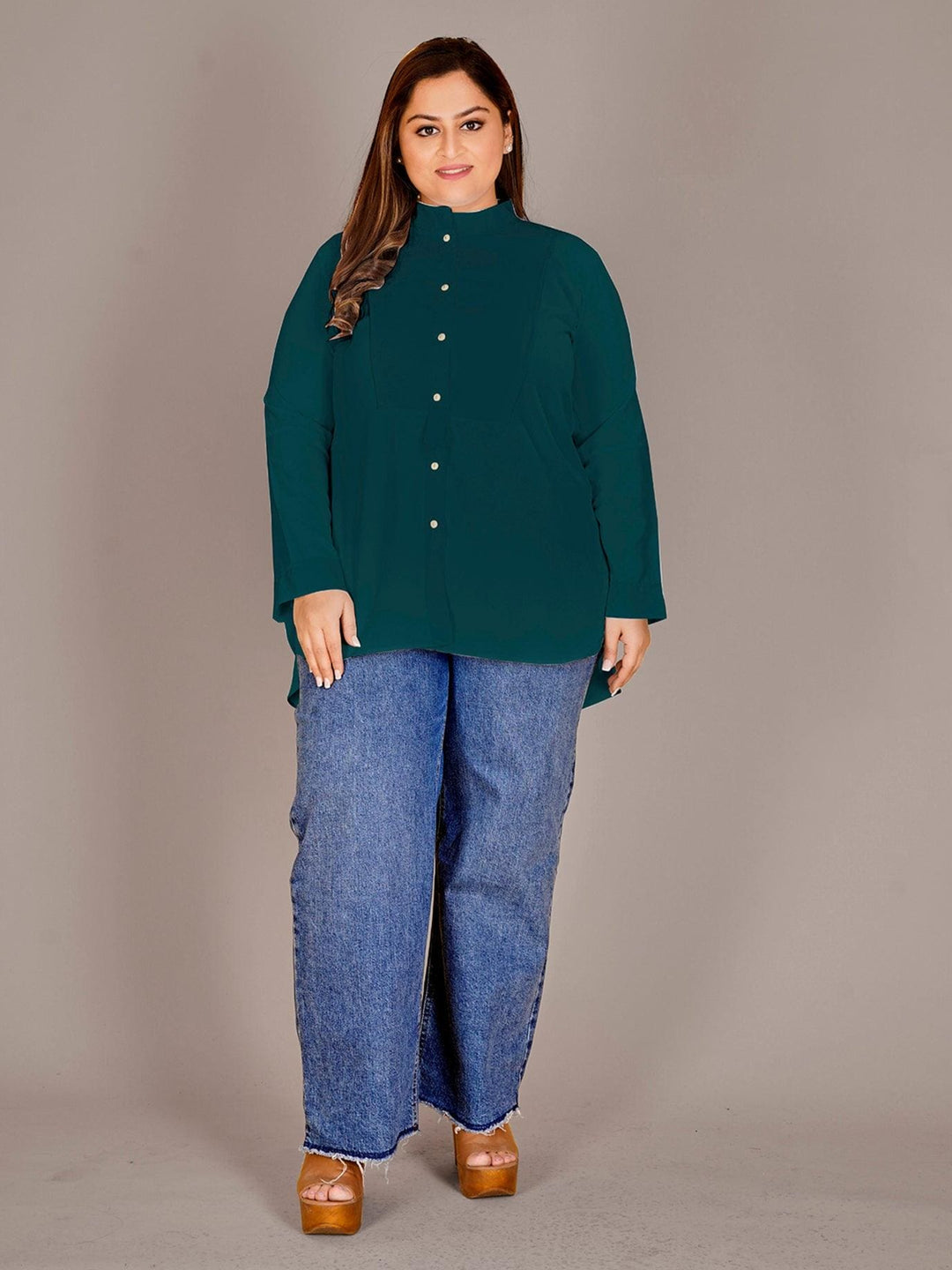 Mandarin Collar Shirt Style Green Top - Curvy Lane