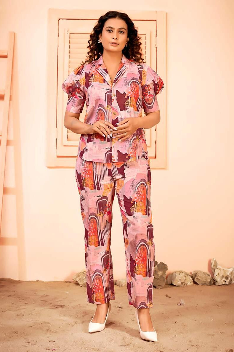 Abstract Summer Printed Notched Collar Shirt and Pant Co-ord Set - Curvy Lane