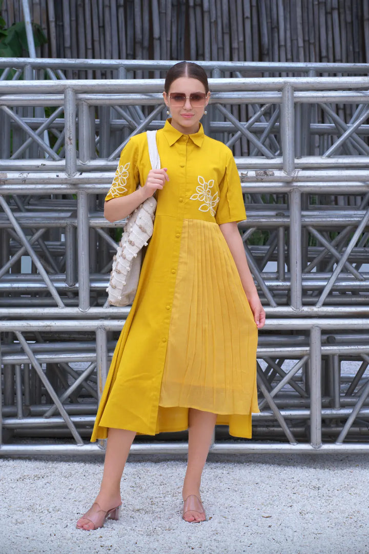Collared golden cotton Dress for daily wear
