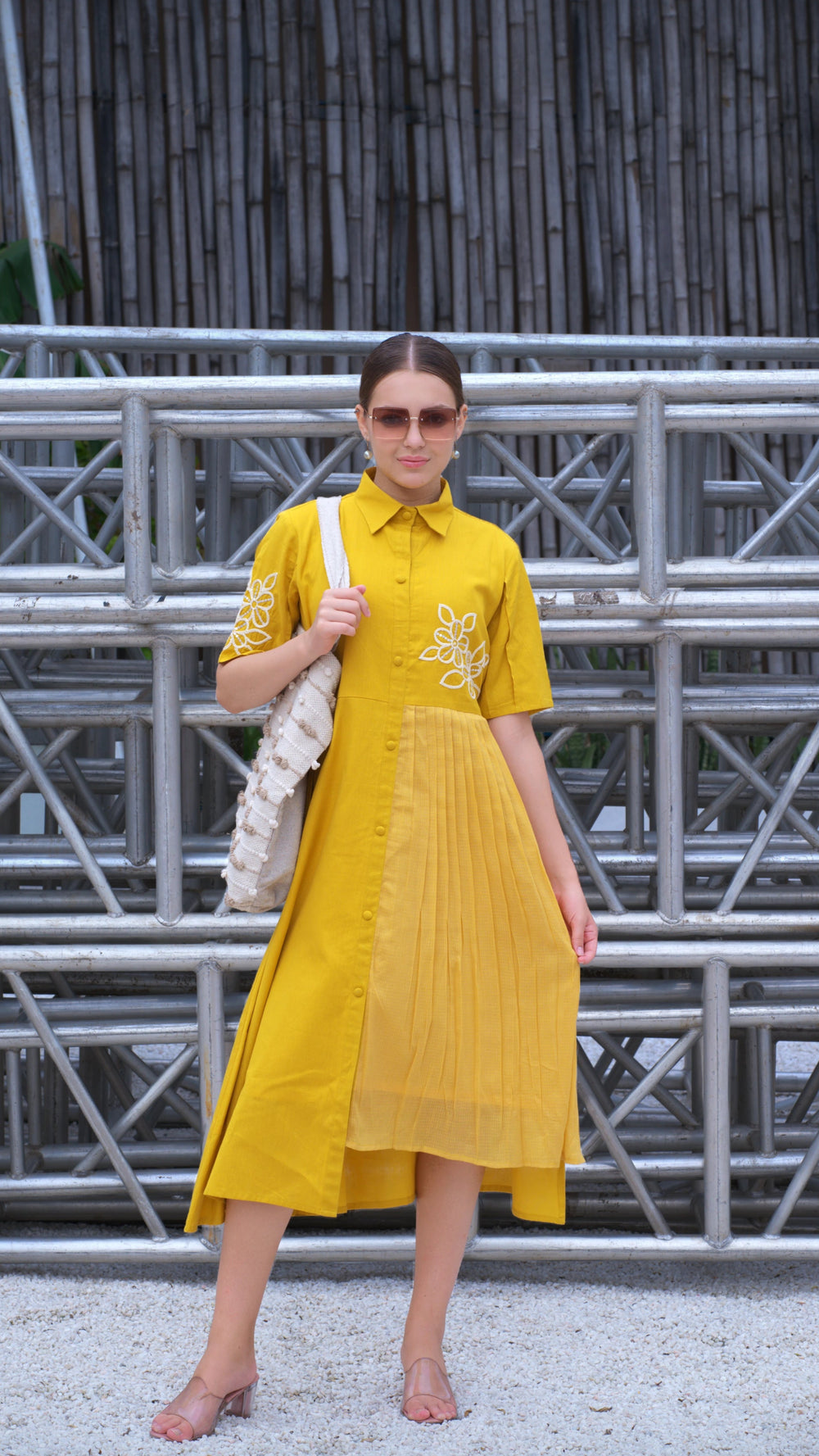 collared golden cotton dress for women