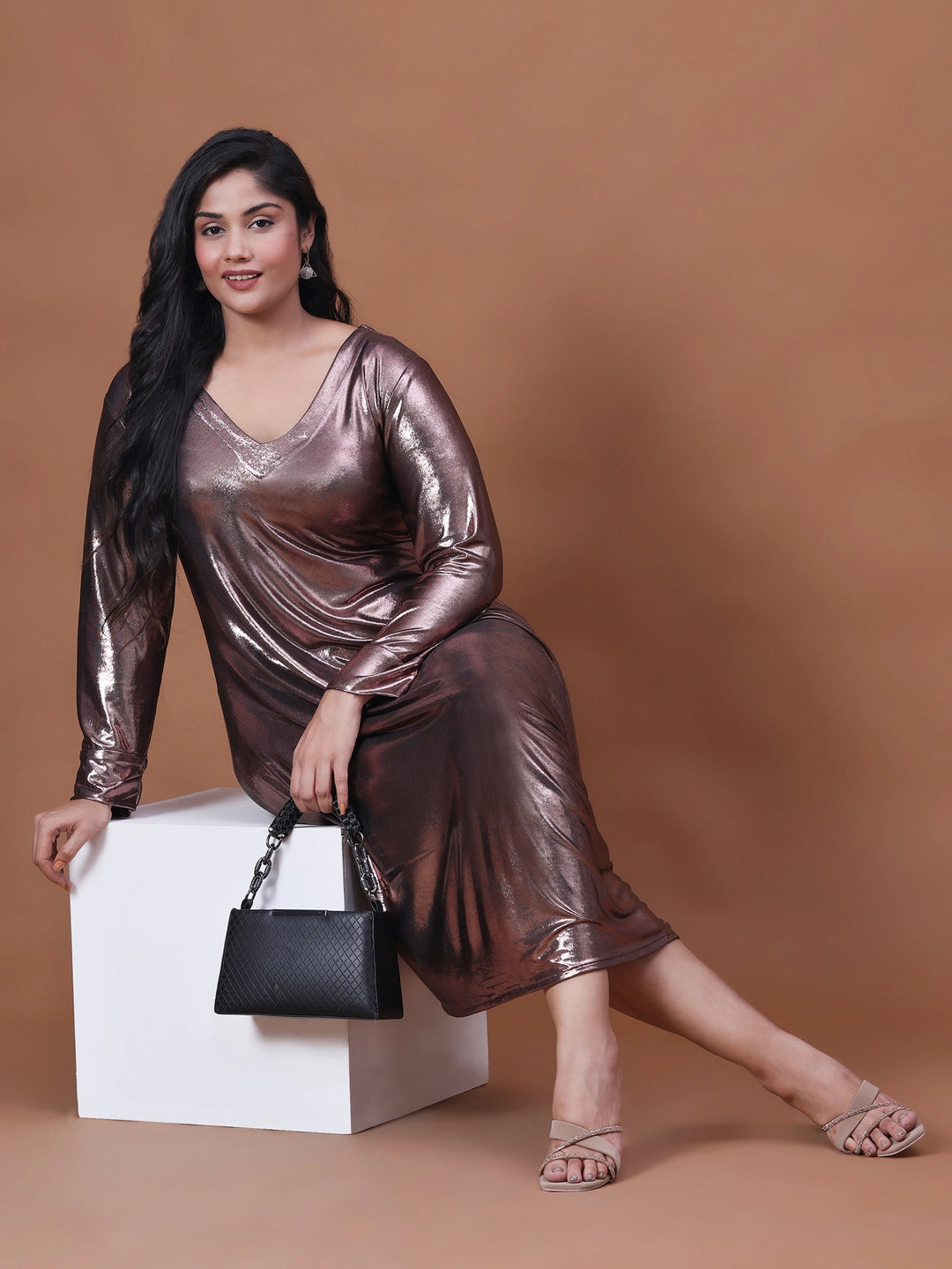 Copper Elegance Full Sleeve Party Dress for Curvy Women
