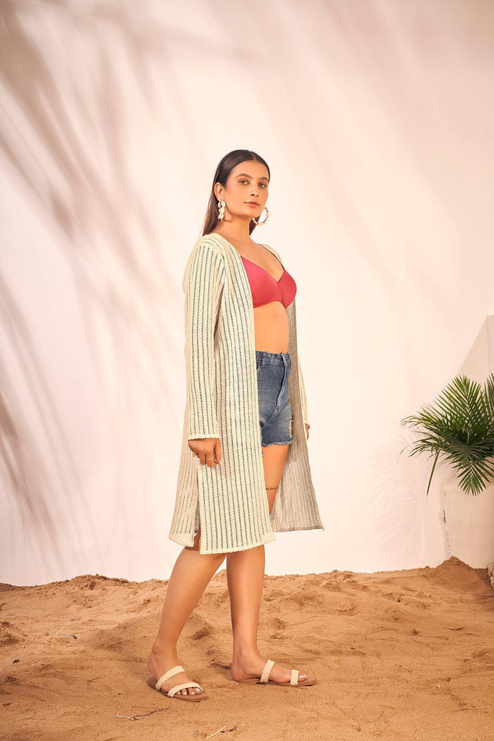 Cream Cotton Knitted Swim Shrug For Curvy Ladies