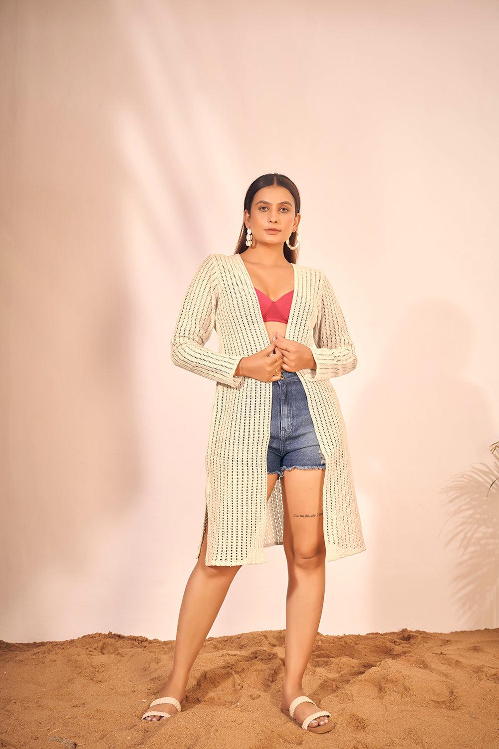 Cream Mid-thigh Semi-sheer Beach Shrug