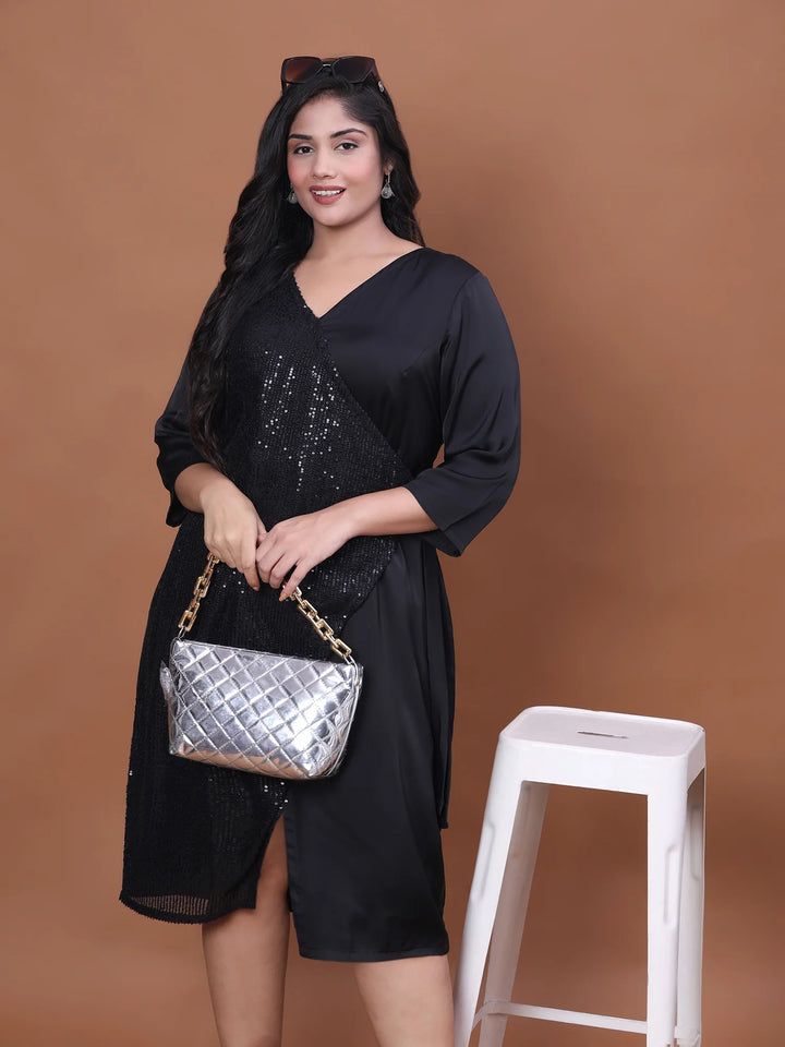 Curvy Lane Black Sequin & Velvet Satin Overlap Party Dress