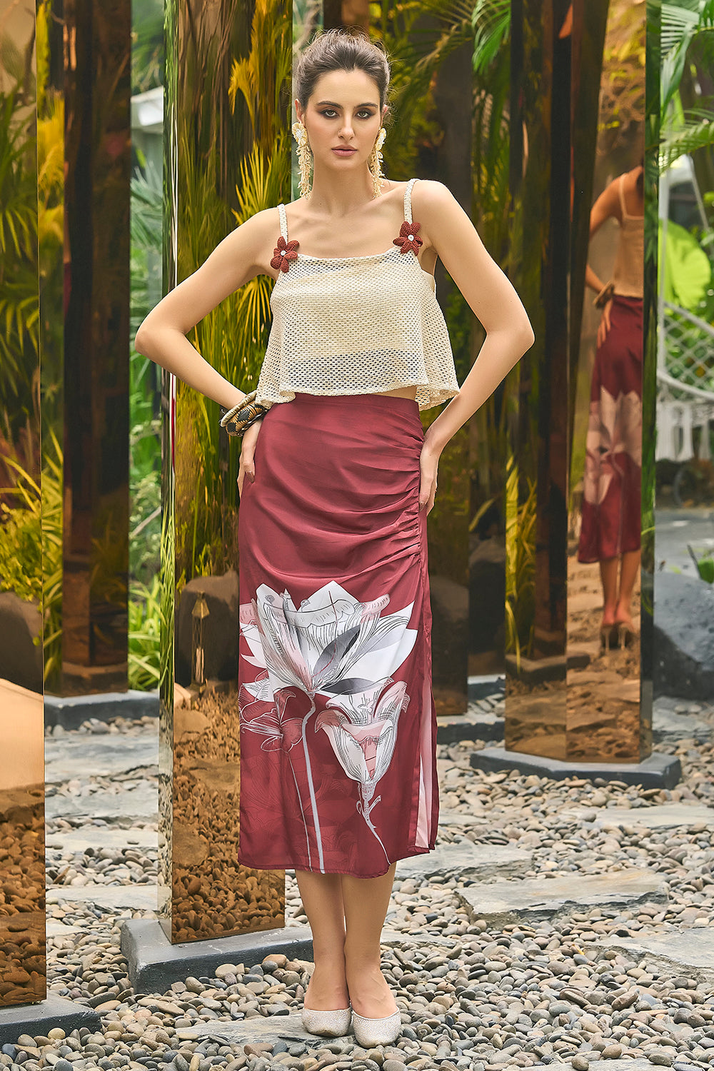 beachwear floral brown sarong & off-white crop top