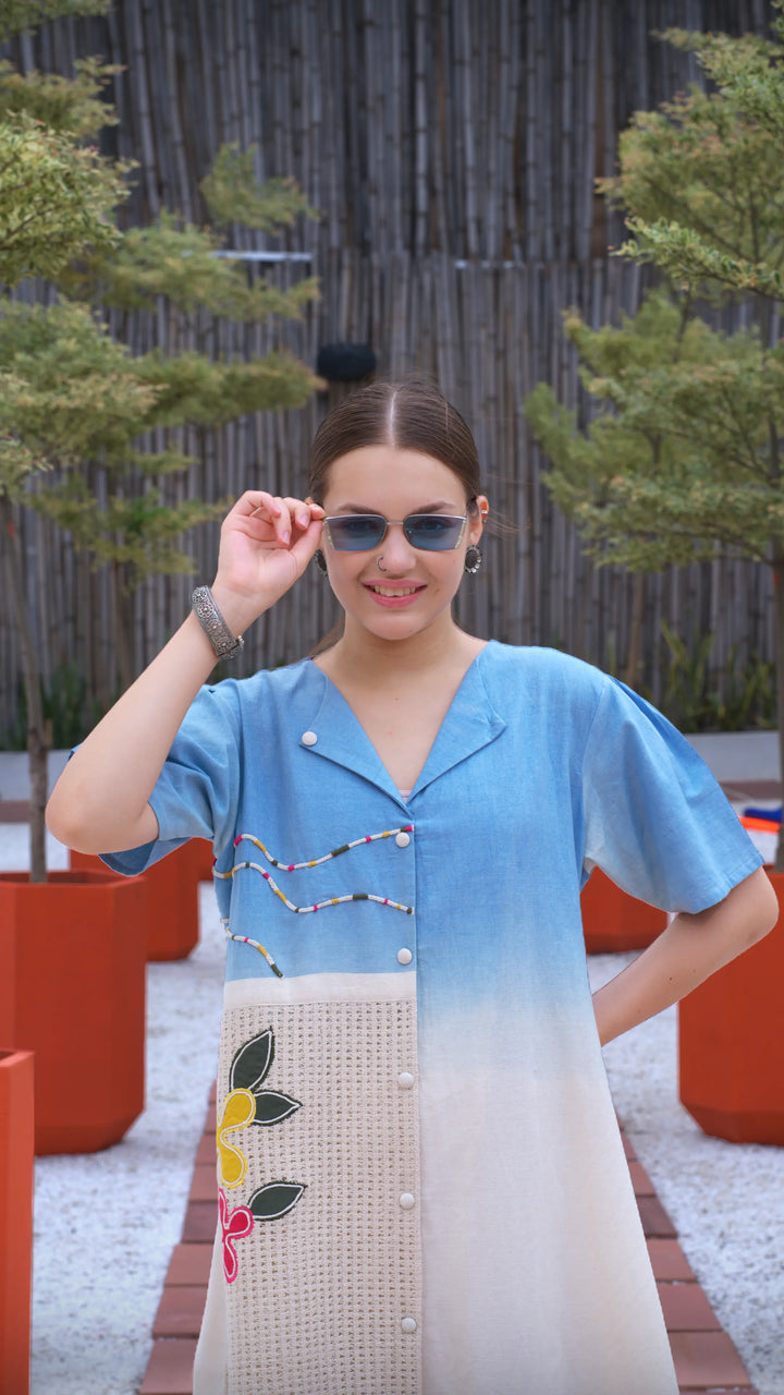 Blue And Ivory Floral Design One Piece Dress For Casual Outing