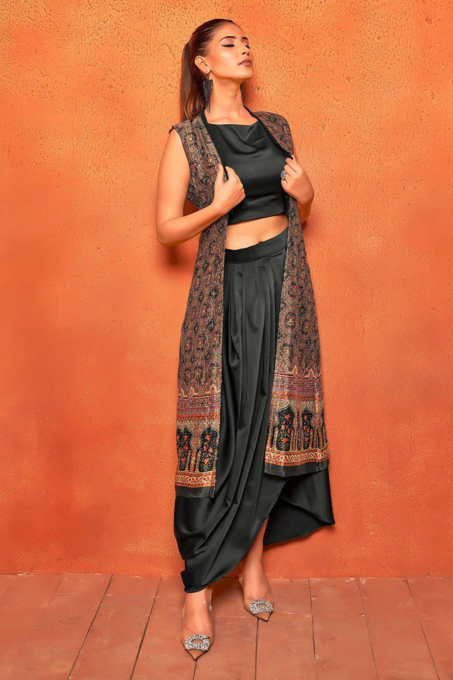 Rich Black Ethnic Print Dhoti Skirt Long Straight Shrug Co-ord Set - Curvy Lane