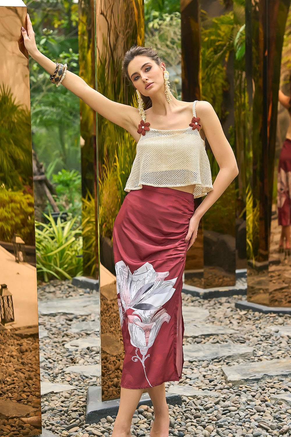 Curvylane's beachwear floral brown sarong & off-white crop top