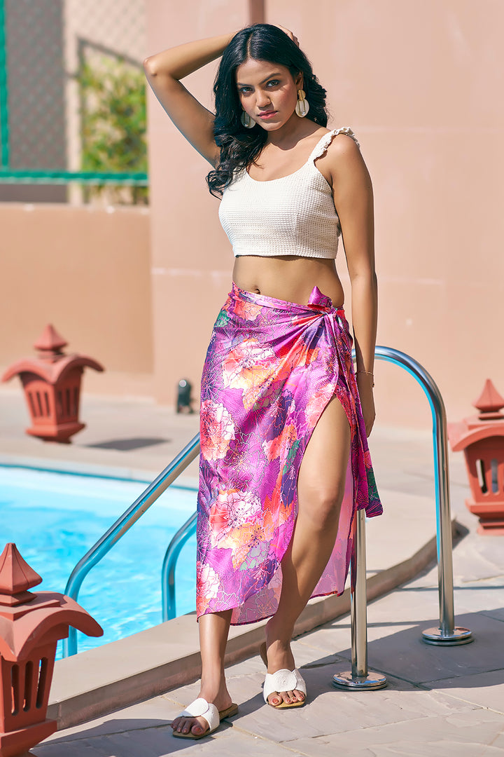 Floral pink sarong wrap skirt with an off-white crop top