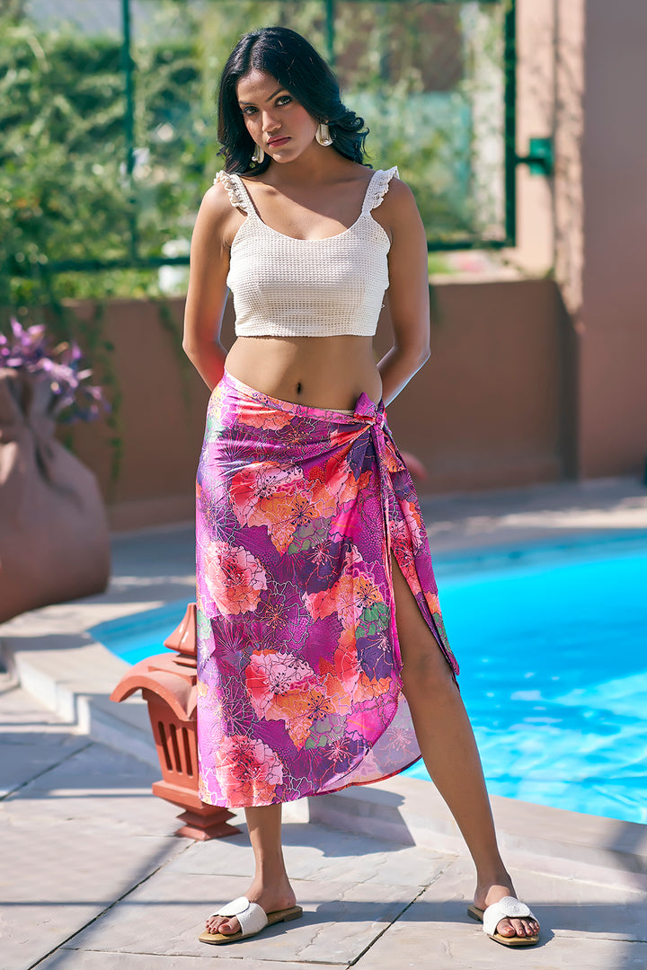 Floral Pink Sarong Wrap Skirt With Off White Crop Top