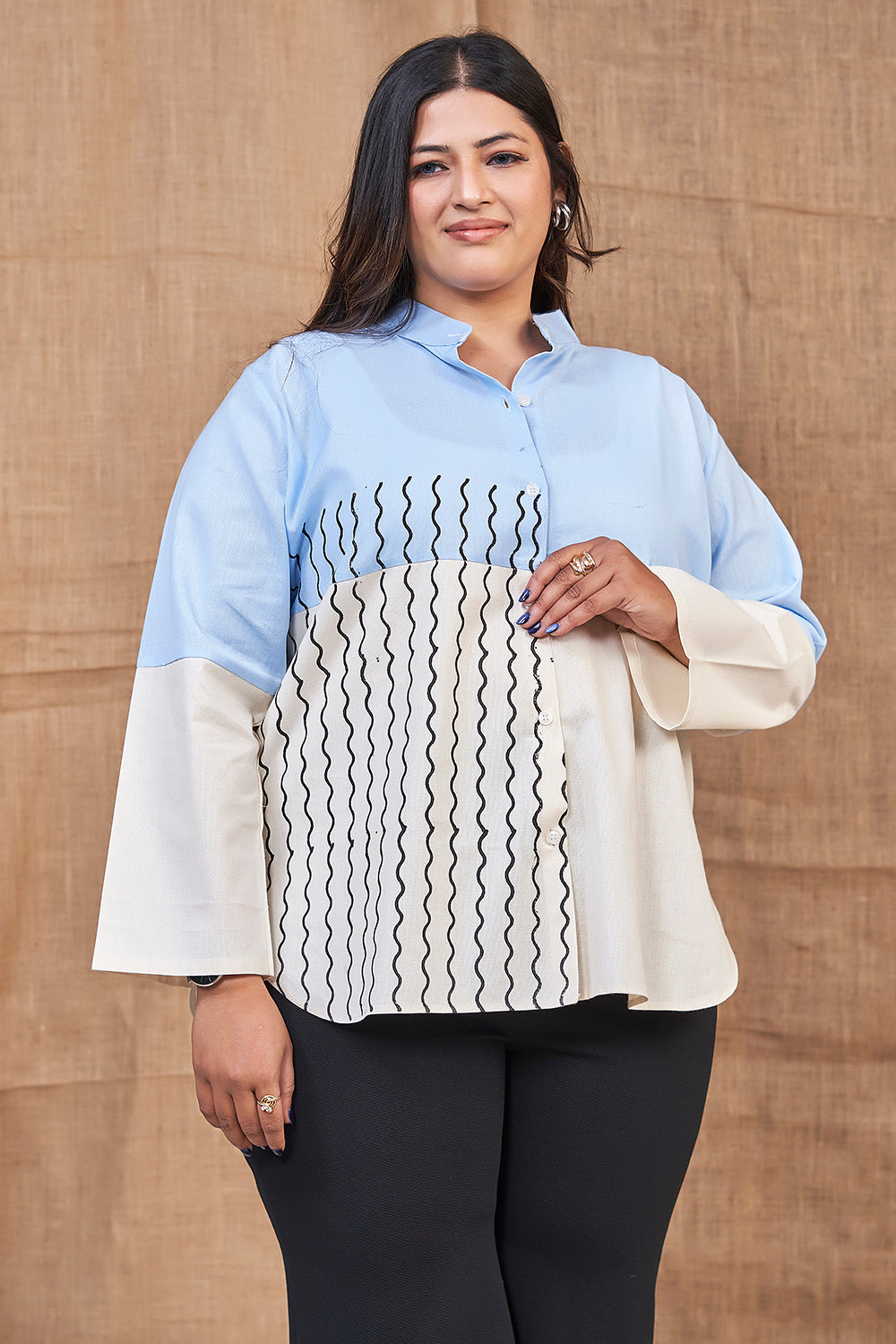 Blue & white cotton full sleeve shirt for women