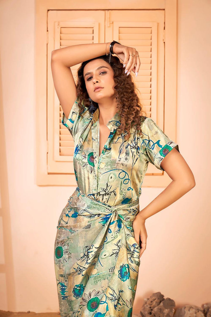 Green Color Swimwear Sarong With Shirt Dress