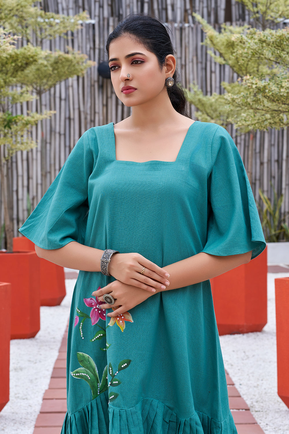 Pink Hand Painted Square Neck Cotton Dress