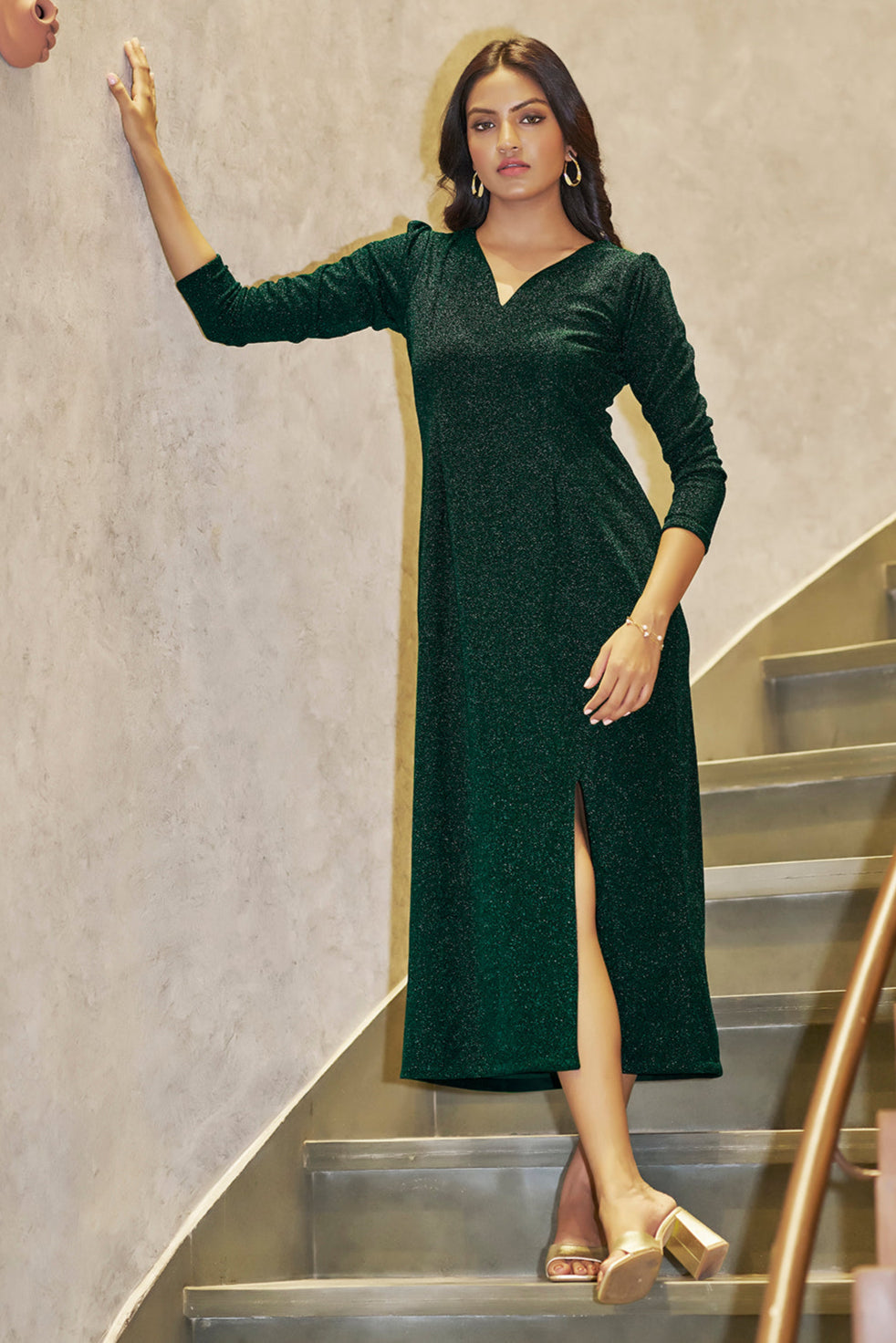 Green Metallic Straight Party WearDress