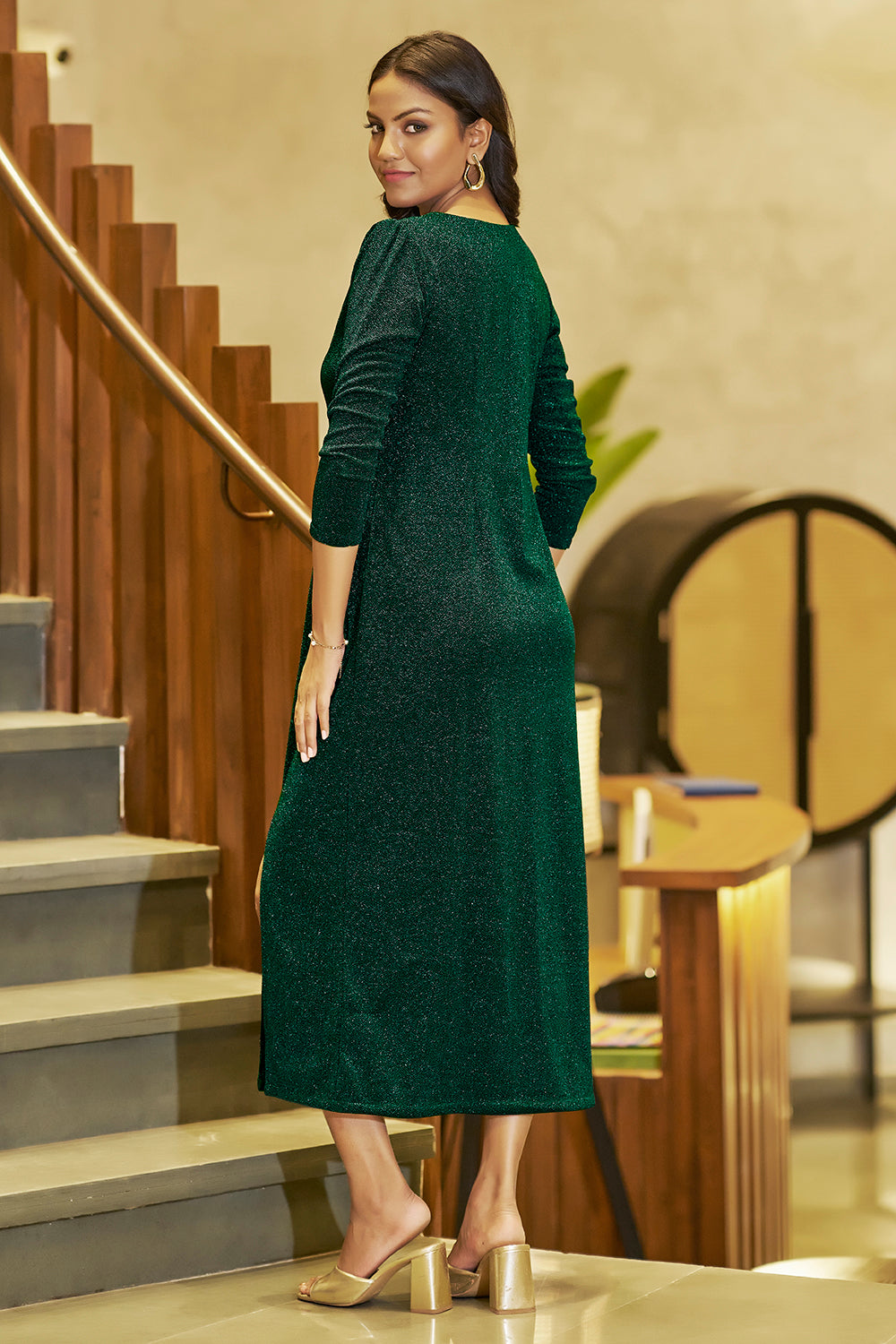 Green Metallic Straight Party Wear Dress For Women
