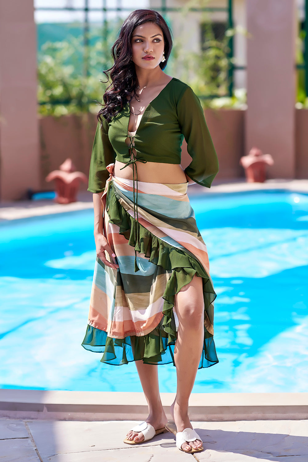 Green cover ups swimwear with tie-up sarong front-dori top
