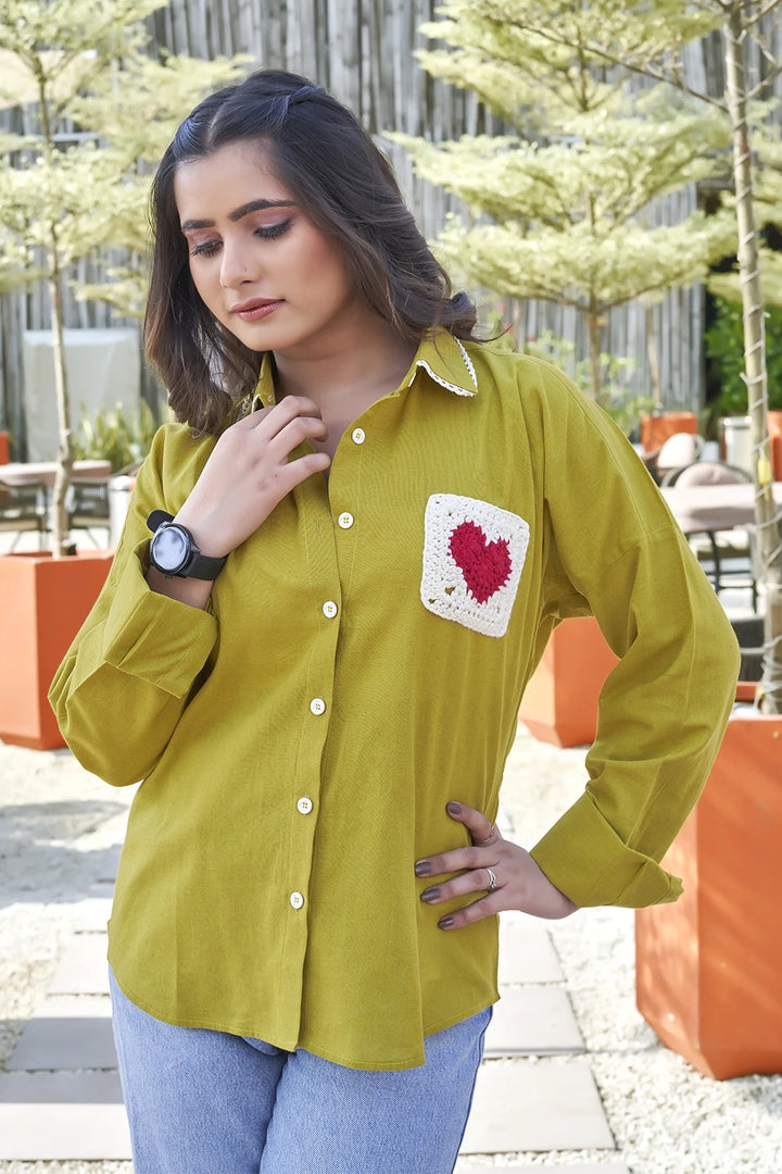 Green casual shirt with heart pocket