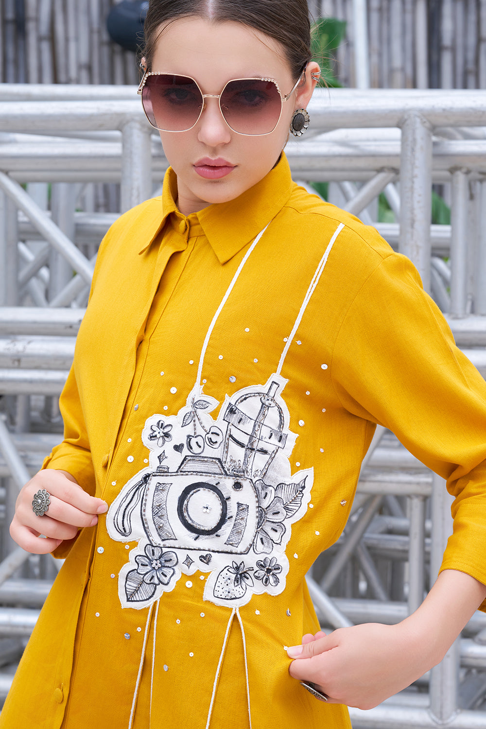 Hand-Painted Mustard Cotton Shirt Collar A-Line Flared Dress