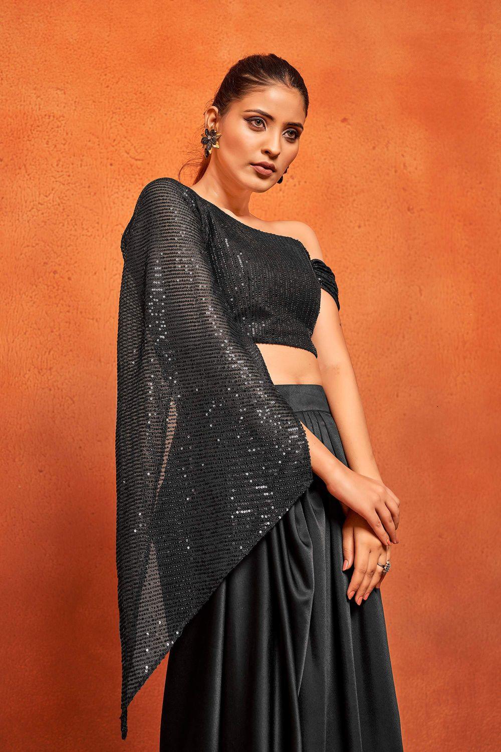 Jet Black Sequin Crop Top With Skirt Co-ord Set