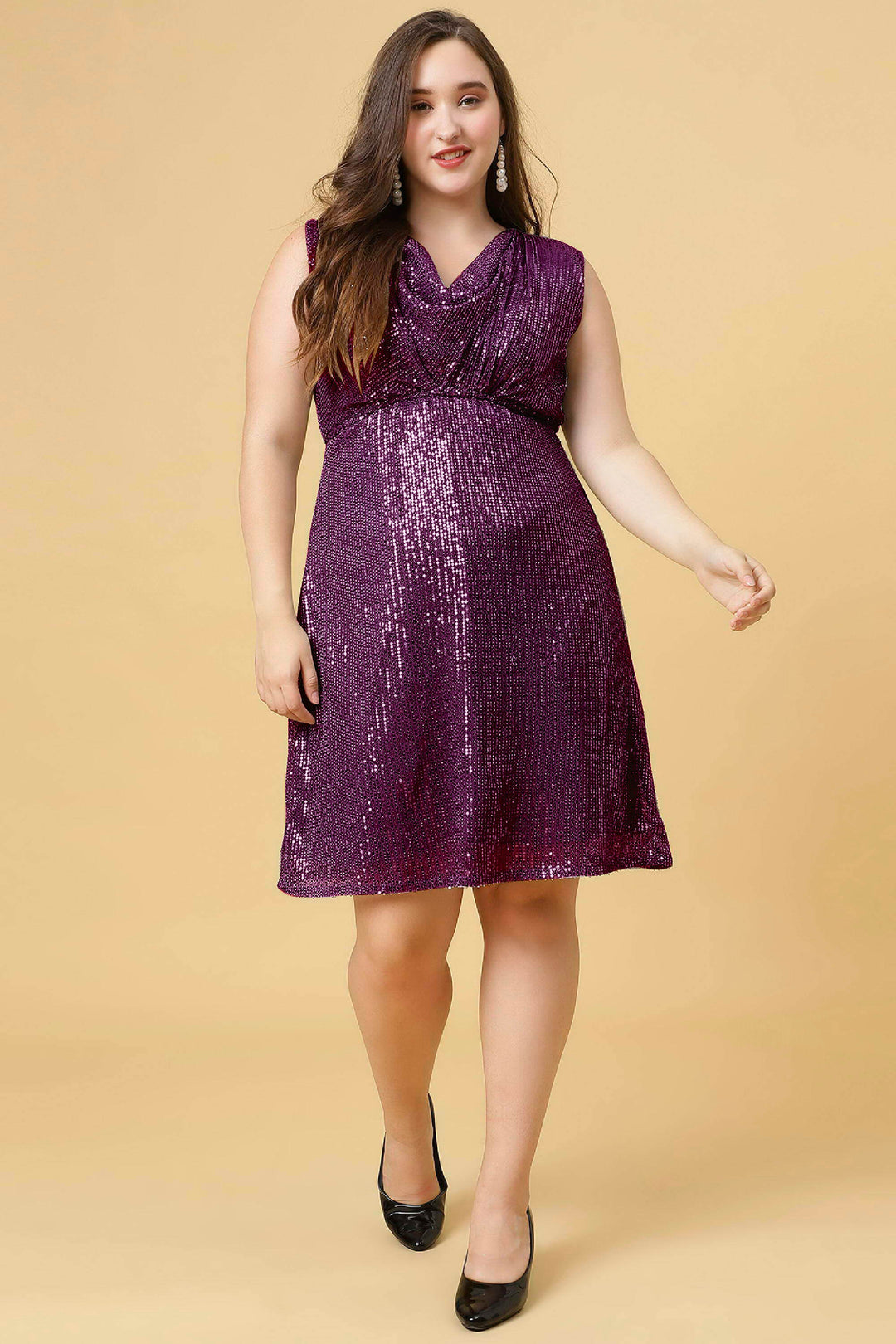 Magenta Cowl Neck Party Wear Sexy Dress  For Plus Size Women