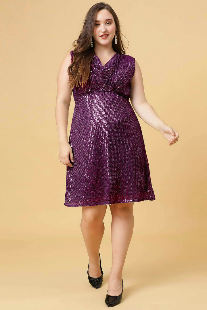 Magenta Cowl Neck Party Wear Sexy Dress  For Plus Size Women