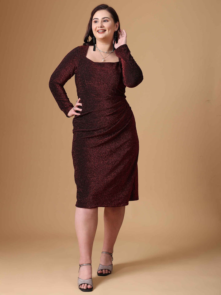 Maroon 1 PIece Metalic Fabric Dress For Plus Size Women