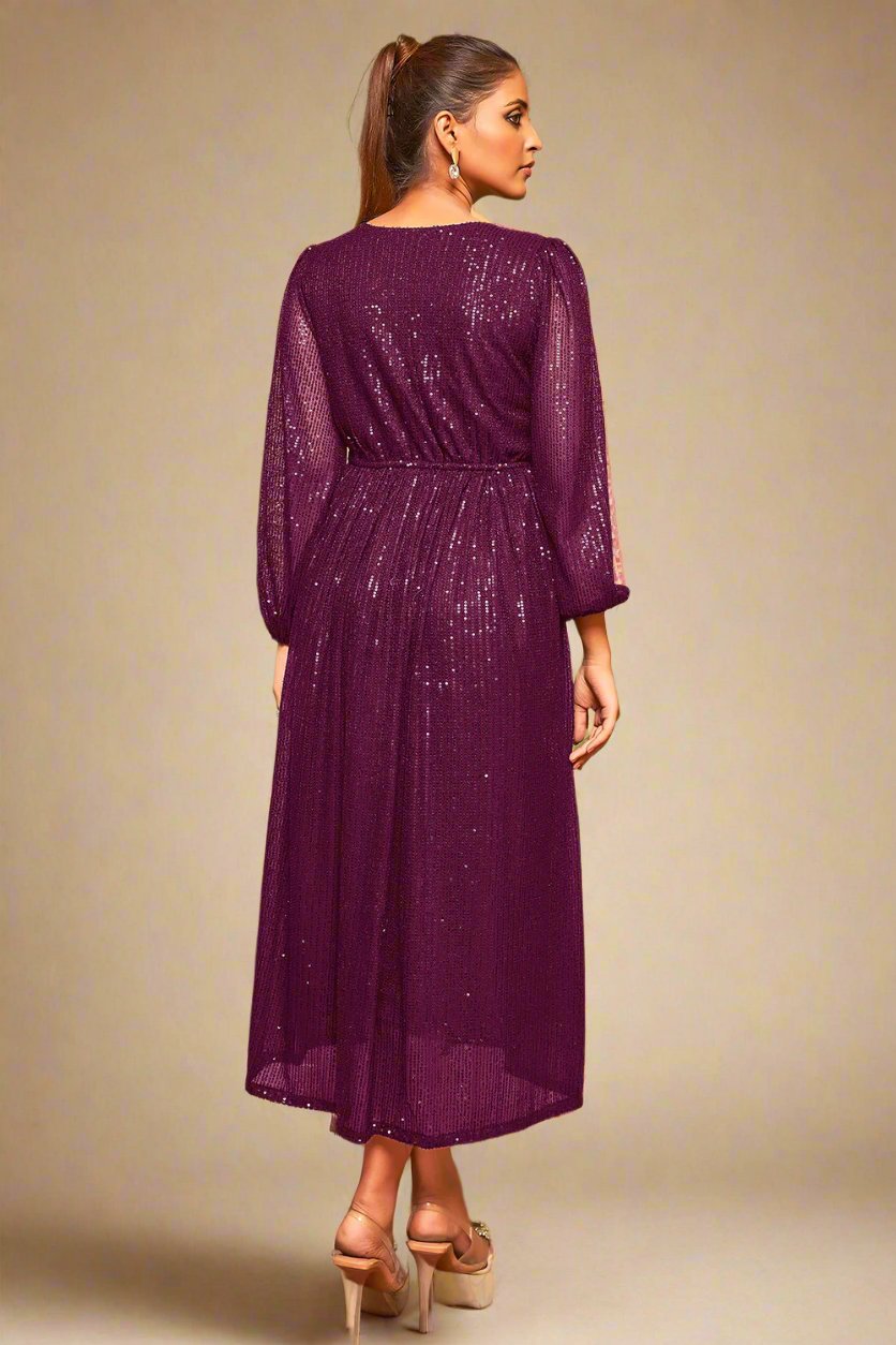Maroon Color Party Wear Sequin Cocktail Dress For Plus Size Women Back Side