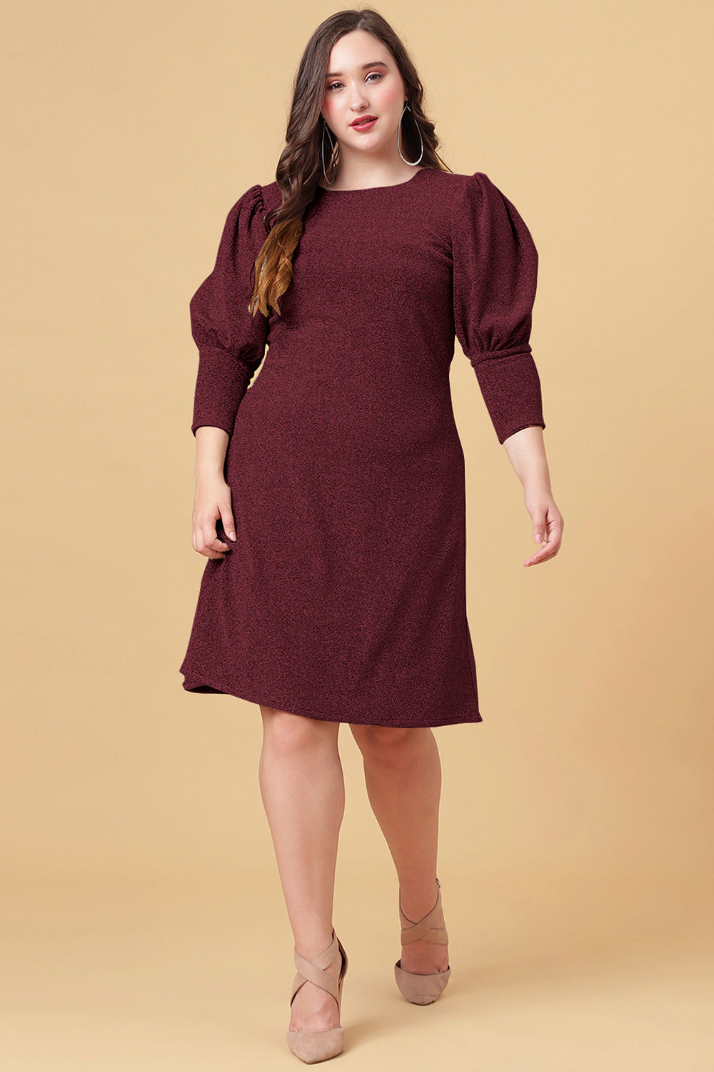 Maroon Shimmered Puff Sleeves Party Dress For Plus Size Women