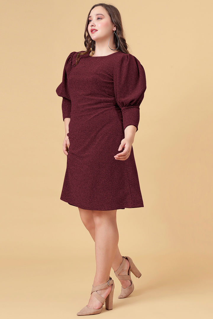 Maroon Shimmered Puff Sleeves Party Dress With Dazzing Look